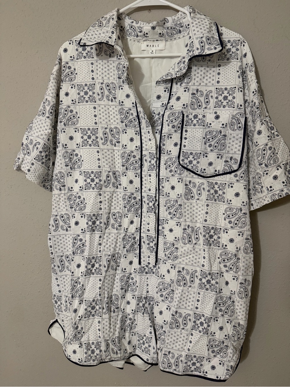 MABLE White/Navy Paisley-Print Short Sleeve, Pocketed Romper